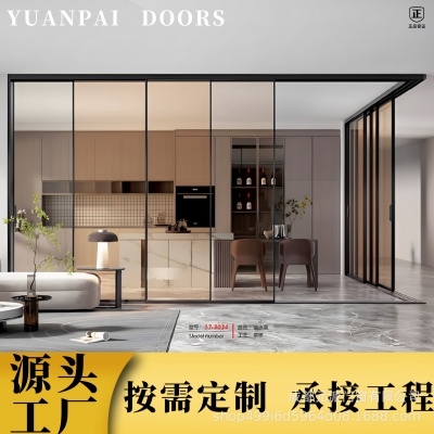转角对碰联动推拉门开放式厨房极简厨...
